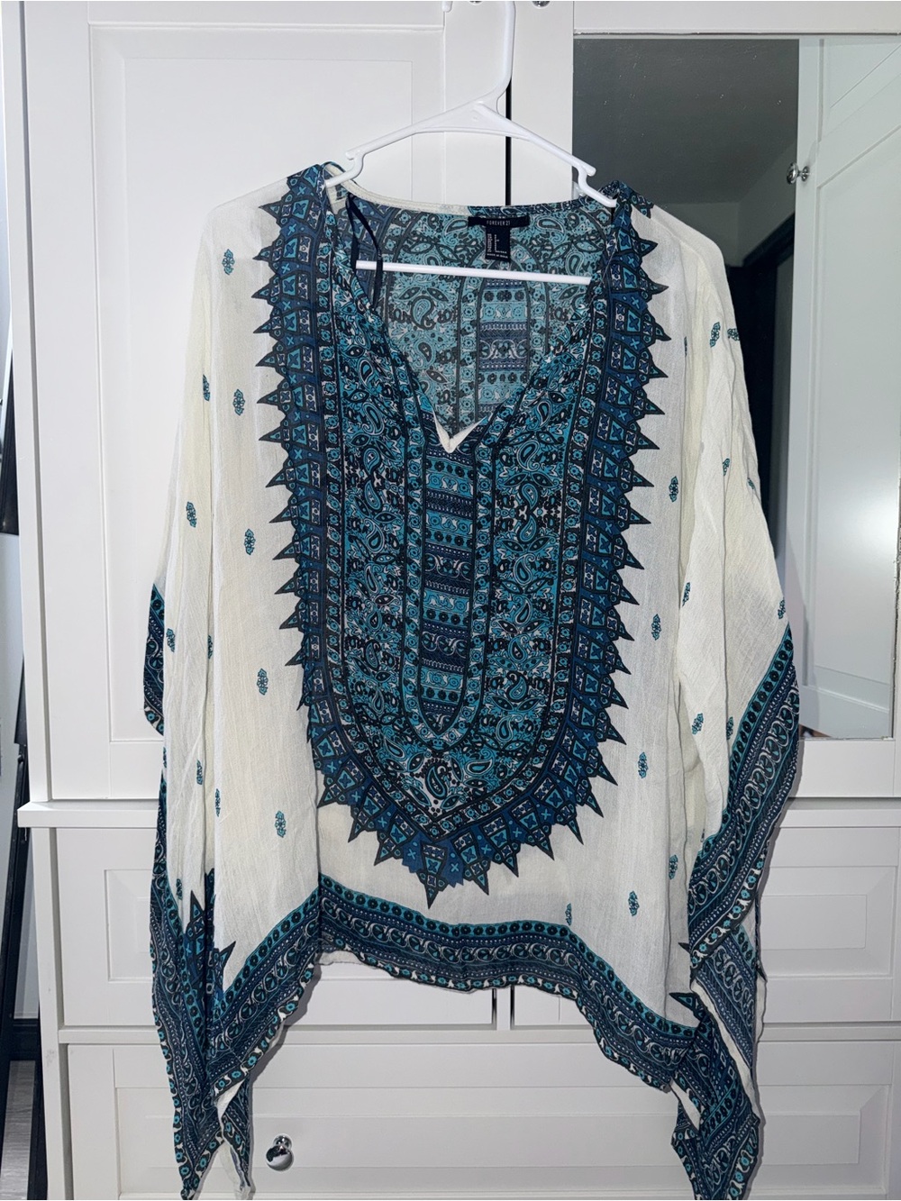 Forever 21 White Tunic with Blue Paisley Embroidery